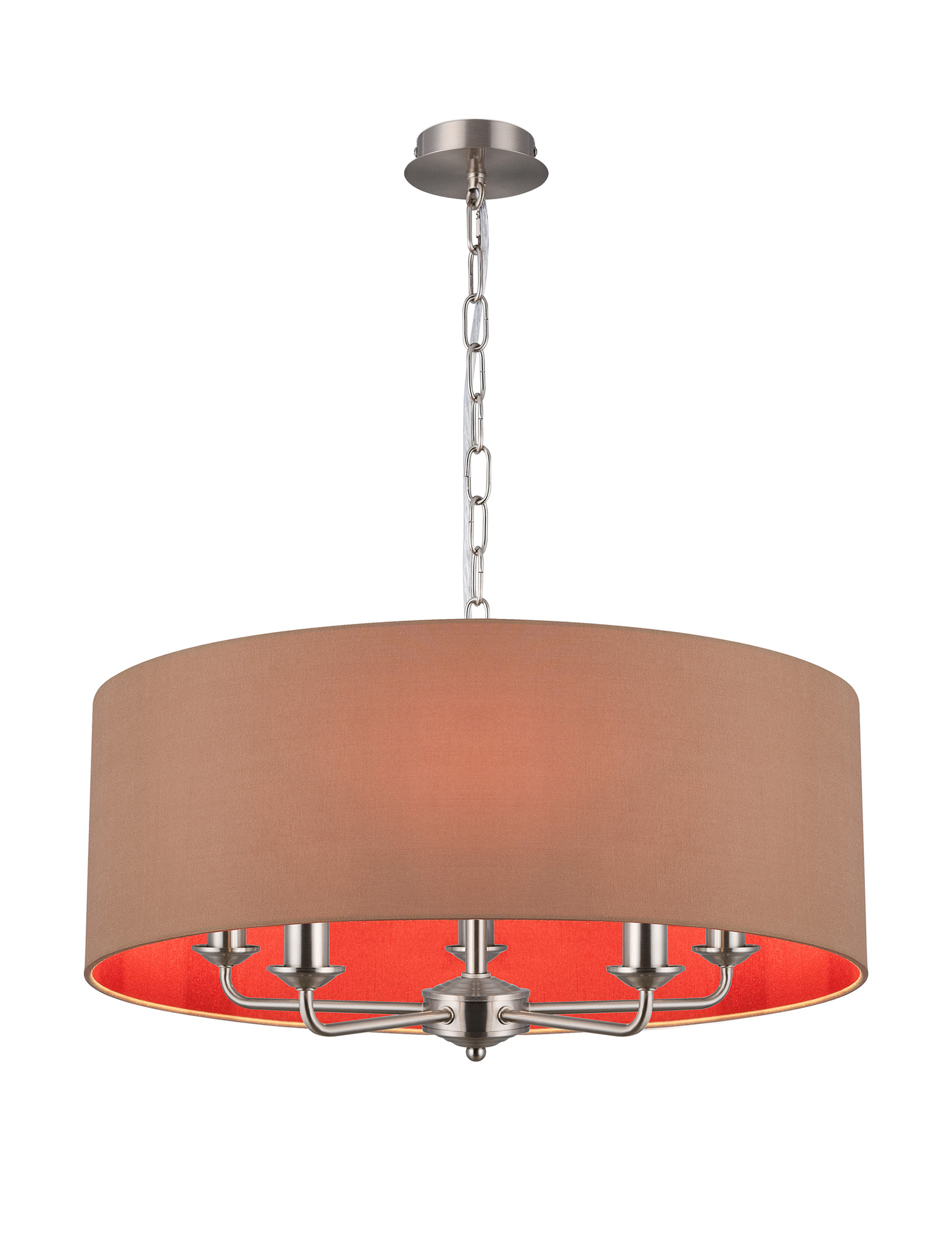 DK0677  Banyan 60cm 5 Light Pendant Satin Nickel, Antique Gold/Ruby